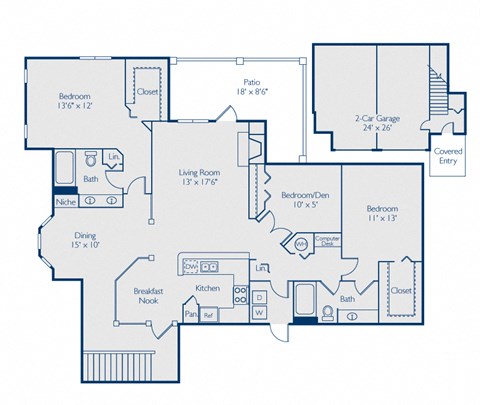 A blueprint of a house layout with labeled rooms and dimensions.